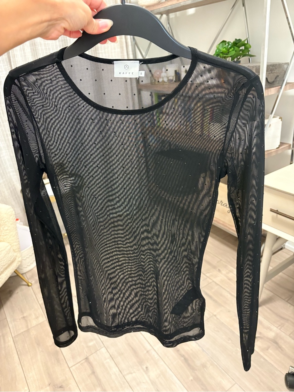 Black Sheer Long-Sleeve Mesh Top with sparkle